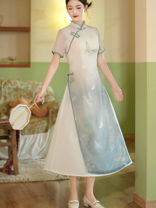 Green Blue Butterfly Print AoDai A-line Cheongsam Dress