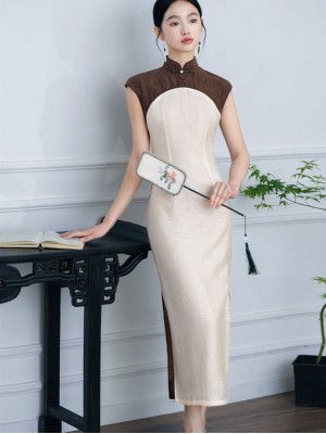 2024 Colorblock Linen Cheongsam Qipao Dress