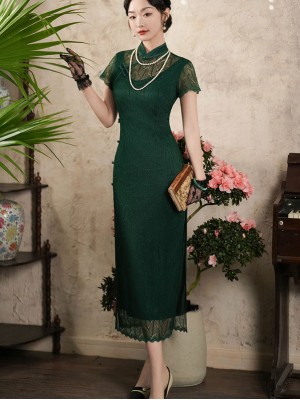 Green Lace Illusion Shoulder Cheongsam Qipao Dress