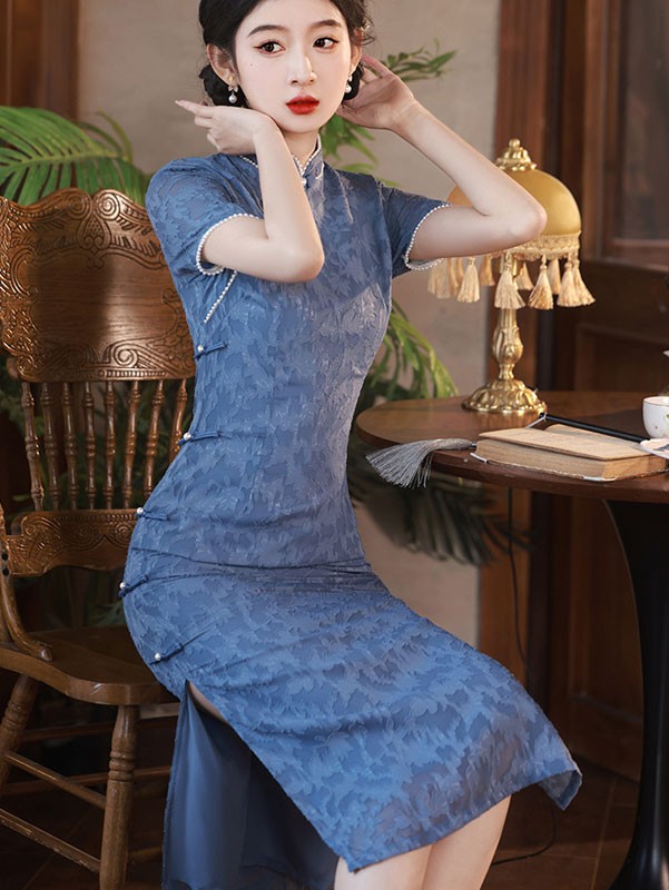 2024 Blue Floral Beads Cheongsam Qipao Dress