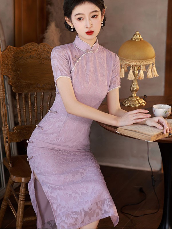 2024 Purple Floral Beads Cheongsam Qipao Dress