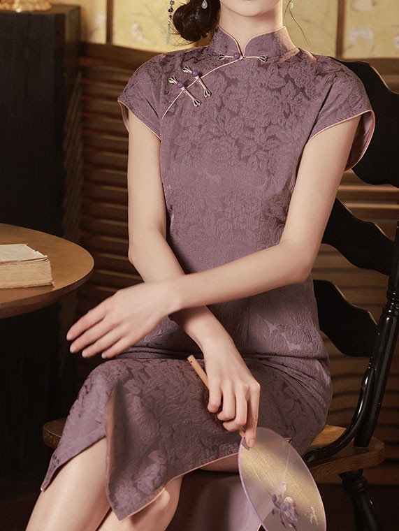 Purple Jacquard Floral Cheongsam Qipao Dress