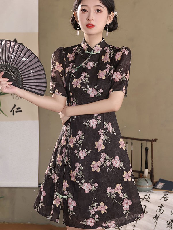 Black Jacquard Floral A-line Cheongsam Qipao Dress