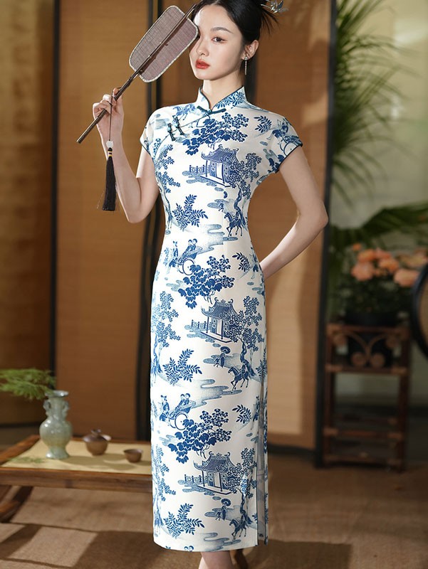 Blue and White Vintage Print Cheongsam Qipao Dress