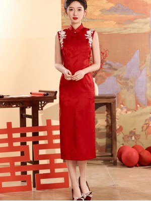 Red Jacquard Midi Wedding Cheongsam Qipao Dress