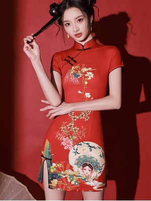 Red Peking Opera Print Cheongsam Qipao Dress
