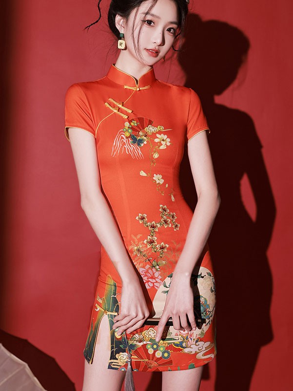 Red Peking Opera Print Cheongsam Qipao Dress