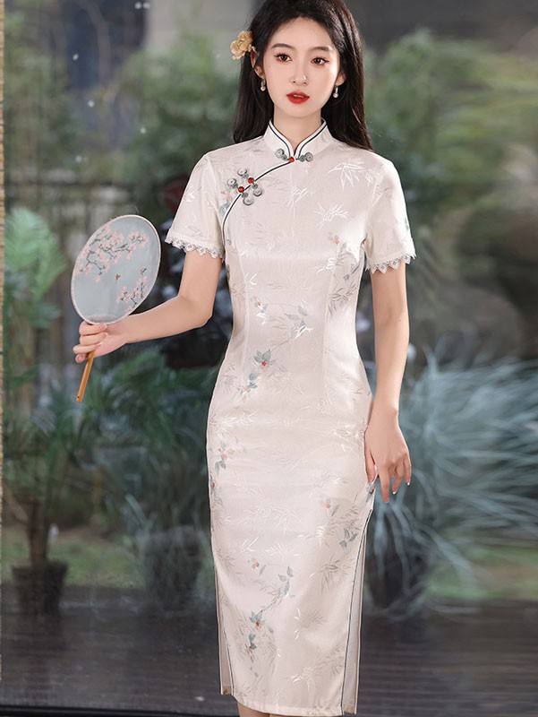 2024 Floral Print Midi Cheongsam Qipao Dress