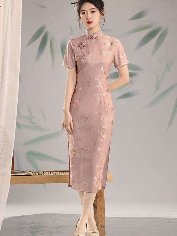 Pink Jacquard Midi Cheongsam Qipao Dress