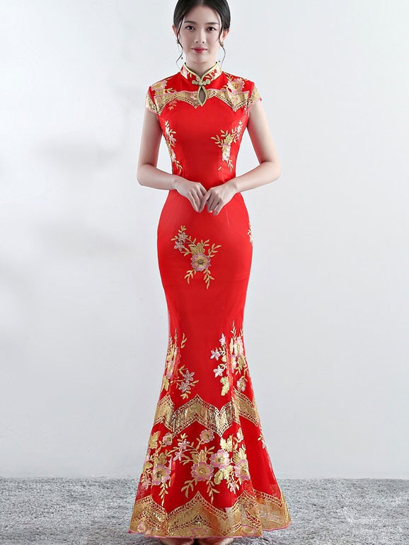 Black Embroidered Fishtail Qipao / Cheongsam Prom Dress