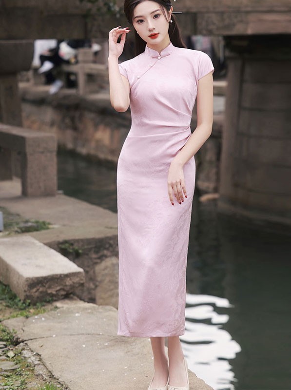 Purple Pink Jacquard Back Slit Cheongsam Qipao Dress