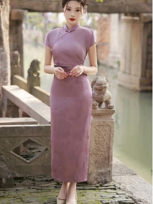 Purple Pink Jacquard Back Slit Cheongsam Qipao Dress