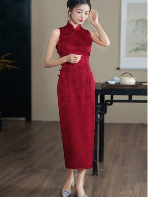 Red Jacquard Wedding Bride Cheongsam Qipao Dress