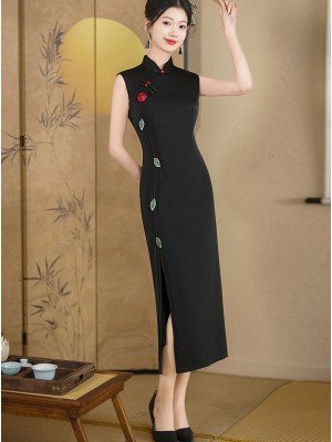 2024 Black Embroidered Cheongsam Qipao Dress