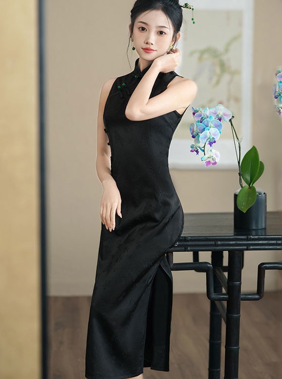 Black Jacquard Wedding Bride Cheongsam Qipao Dress