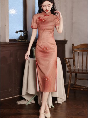 Red Floral Print Midi Cheongsam Qipao Dress