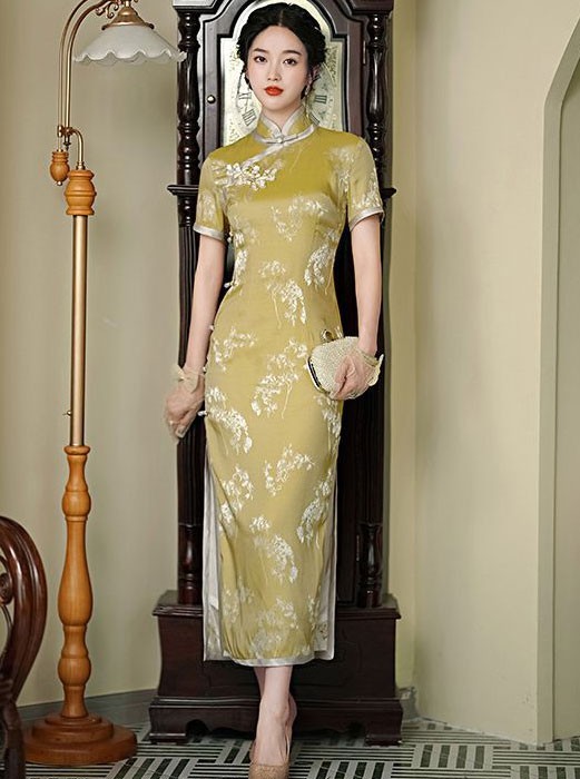 Blue Yellow Jacquard Floral Cheongsam Qipao Dress