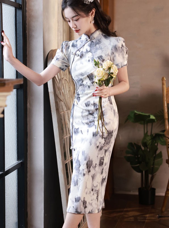 Gray Print Thigh Split Cheongsam Qipao Dress