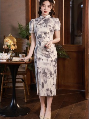 Gray Print Thigh Split Cheongsam Qipao Dress