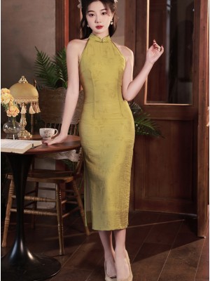 Yellow Linen Halter Midi Cheongsam Qipao Dress