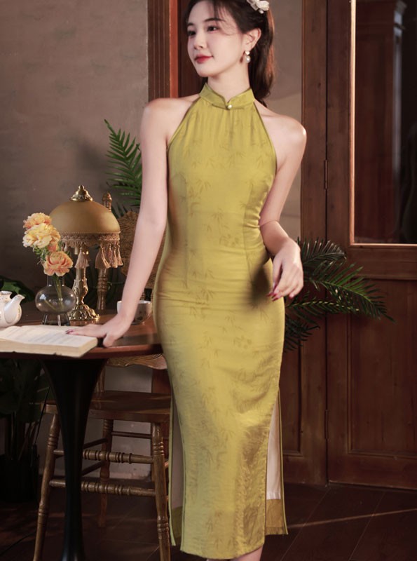 Yellow Linen Halter Midi Cheongsam Qipao Dress