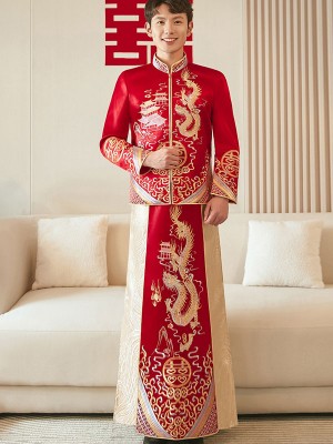 Colorblock Dragon Man Wedding Qun Kwa Jacket & Skirt