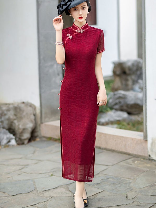 Purple Red Sequined Velvet Full Cheongsam / Qipao Dress