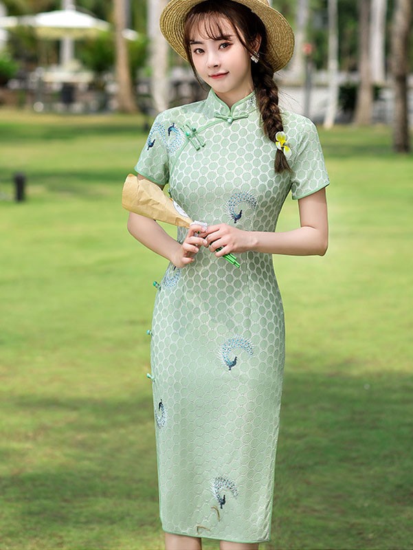 Green White Embroidered Peacock Qipao Cheongsam Dress