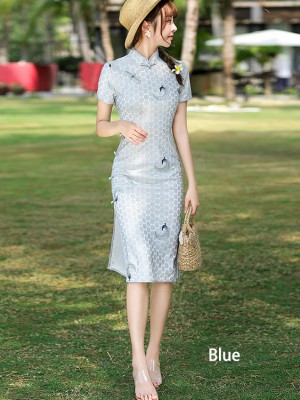 Green White Embroidered Peacock Qipao Cheongsam Dress