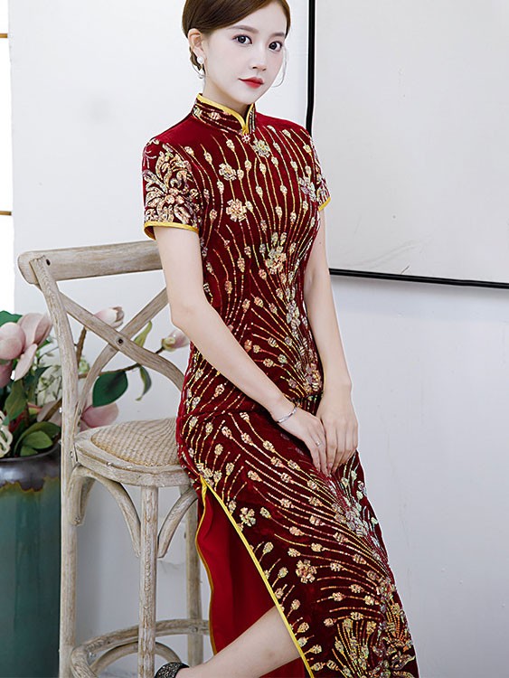 Red Green Sequined Velvet Ankle-Length Qipao / Cheongsam Dress
