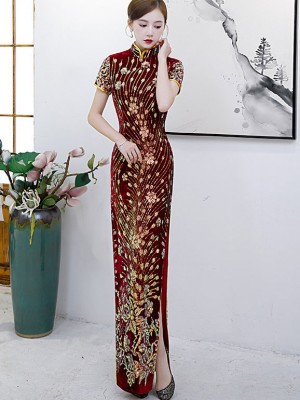 Red Sequined Velvet Mohters Qipao Cheongsam Dress