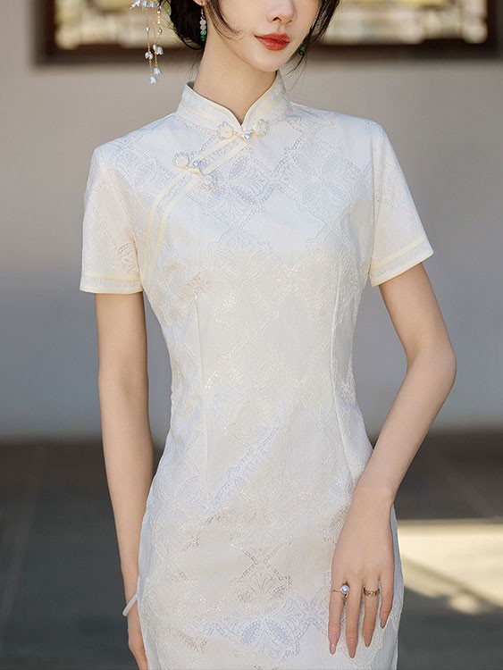White Midi Modern Cheongsam Qipao Dress
