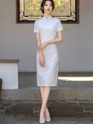White Midi Modern Cheongsam Qipao Dress