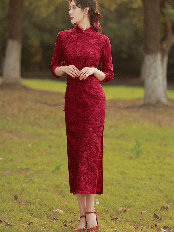 Beige Red Jacquard Floral Qipao Cheongsam Dress