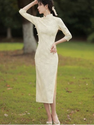 Beige Red Jacquard Floral Qipao Cheongsam Dress
