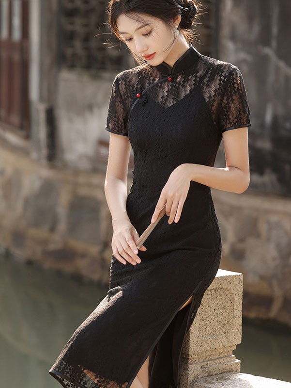 2022 Black Lace Modern Qipao / Cheongsam Dress