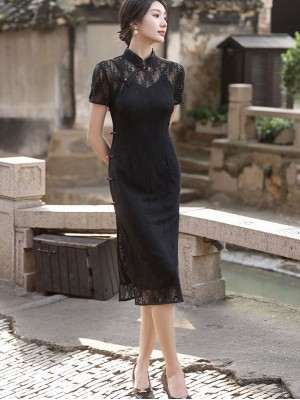 Black Lace Illusion Shoulder Modern Qipao Cheongsam Dress