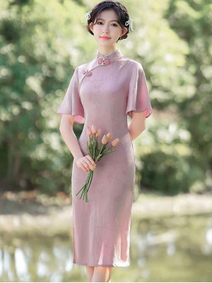 Pink Yellow Jacquard Flutter Sleeve Qipao Cheongsam Dress