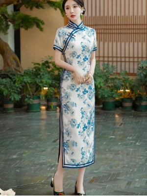 White and Blue Floral Print Qipao / Cheongsam Dress
