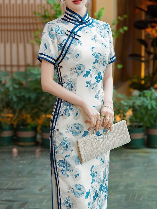 White and Blue Floral Print Qipao / Cheongsam Dress