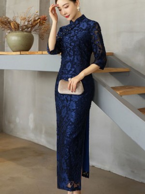 Blue Red Floral Velvet Full Qipao Cheongsam Dress