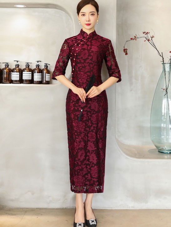 Blue Red Floral Velvet Full Qipao Cheongsam Dress