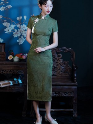 Green Jacquard Midi Qipao Cheongsam Dress