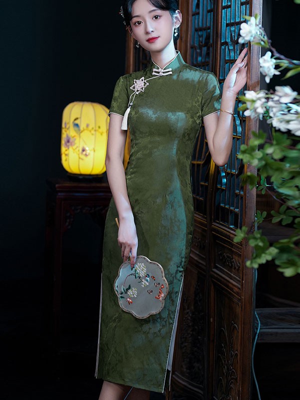 Green Jacquard Midi Qipao Cheongsam Dress