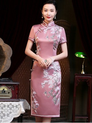 Pink Floral Mid Cheongsam / Qipao Dress