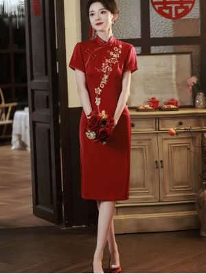 Red Embroidered Floral Midi Qipao Cheongsam Dress