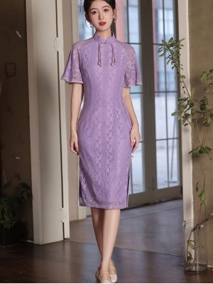 Purple Red Lace Midi Qipao Cheongsam Dress