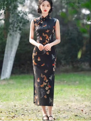 Black Butterfly Print Cheongsam Qipao Dress
