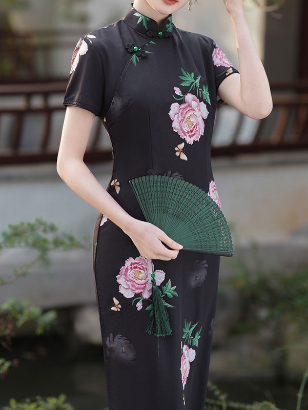 Black Floral Print Midi Cheongsam Qipao Dress