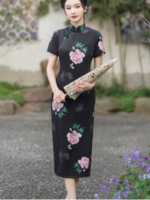 Black Floral Print Midi Cheongsam Qipao Dress